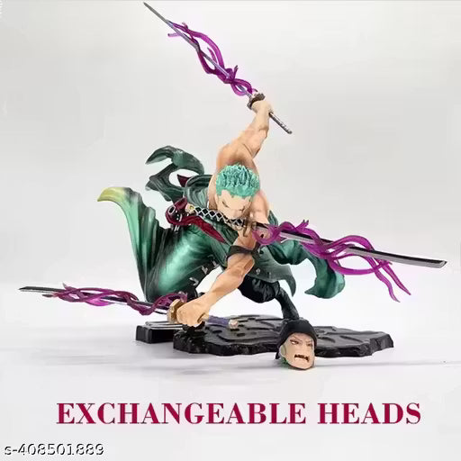 One Piece Roronoa Zoro Black Base Action Figure Set Height- 18cm Authentic Design, Highly Detailed-Exact Replica of Image (Dual Head Attachments)